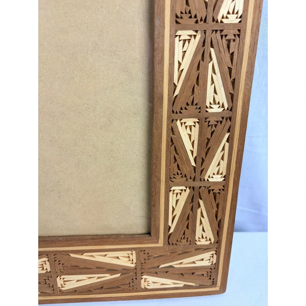 Set of 3 Vintage Straw Marquetry Wood Picture Frames Geometric Boho Home Decor